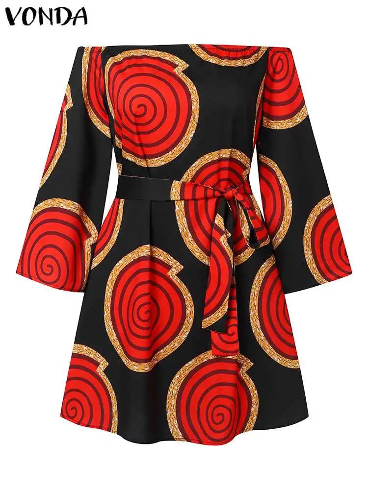 VONDA-Mini robe bohème à manches longues pour femmes, robe imprimée éducative, robe de plage ceinturée, grande taille, 5XL, automne, 2024