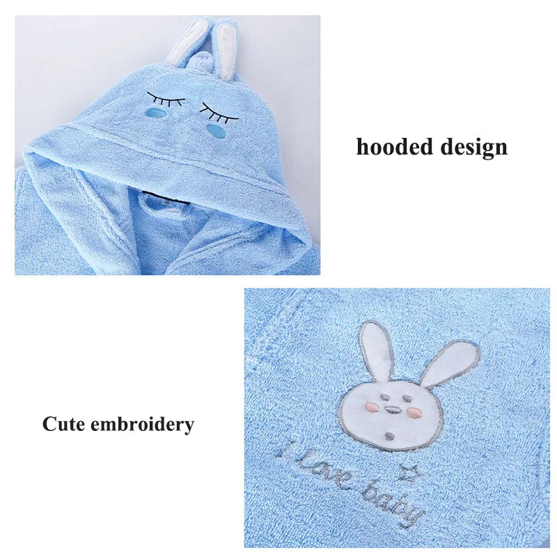 100% Cotton Children Hooded Bathrobe Cartoon Rabbit Cute Soft Warm Solid Belted Robes for Kids