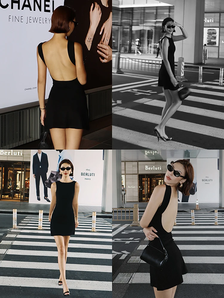 VanessaLab 2024 New Backless French Classic Old Money Date Dress With Black Stretch And Slim Fit Sexy Black dress