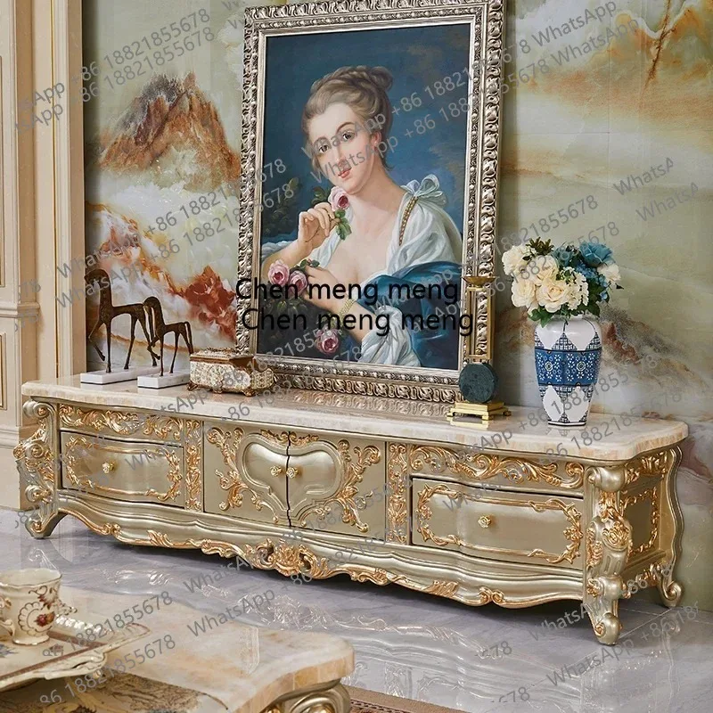 

European solid wood natural marble TV cabinet living room oak carved paint floor cabinet coffee table combination