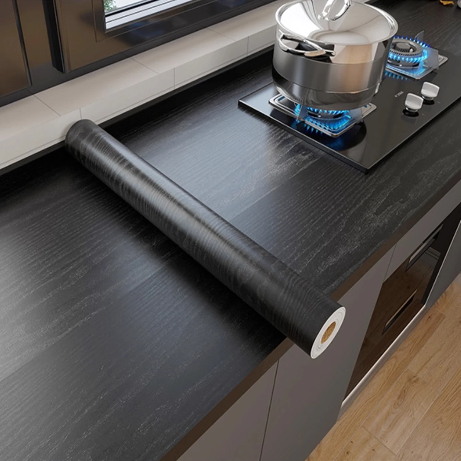 ورق جدران سميك من الخشب الأسود، أثاث فيلم بوينغ، خزانة المطبخ، ملصقات PVC ذاتية اللصق، ورق جدران من الفينيل للمطبخ