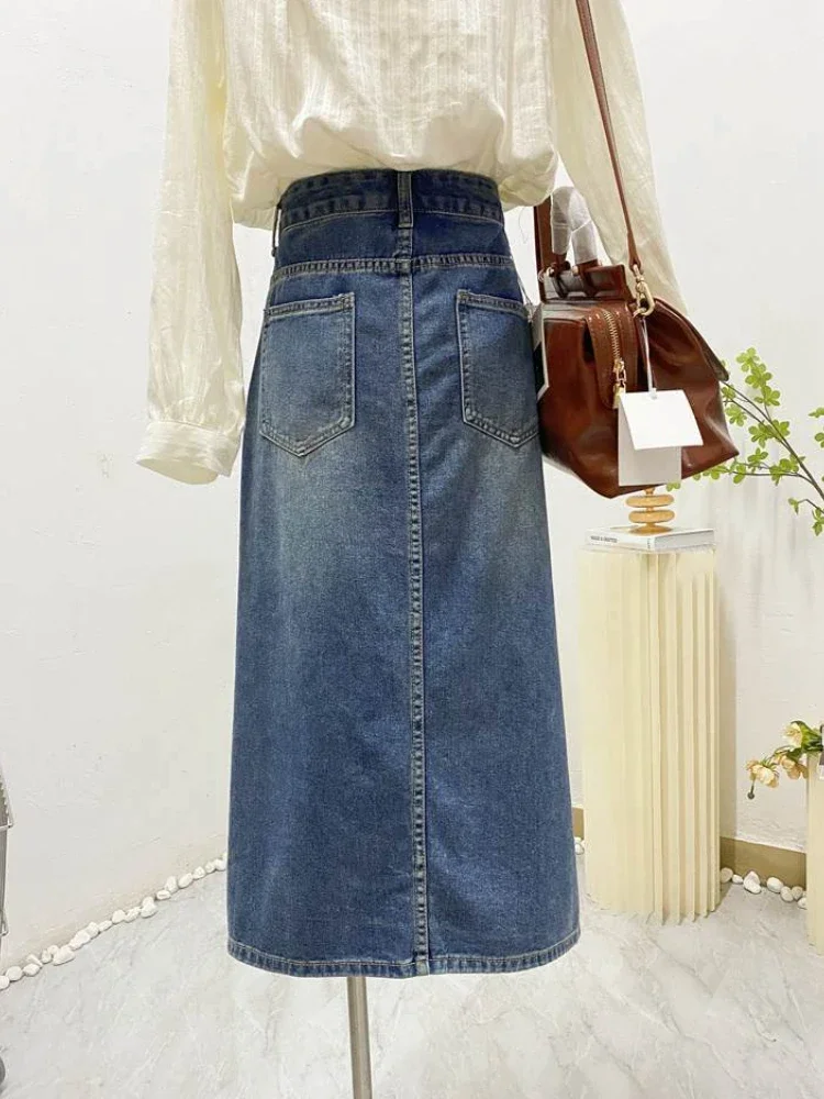 Denim Skirts Women Slit Vintage Midi Casual Do Old Harajuku High Waist Fashion Personality A-line Streetwear Spring All-match