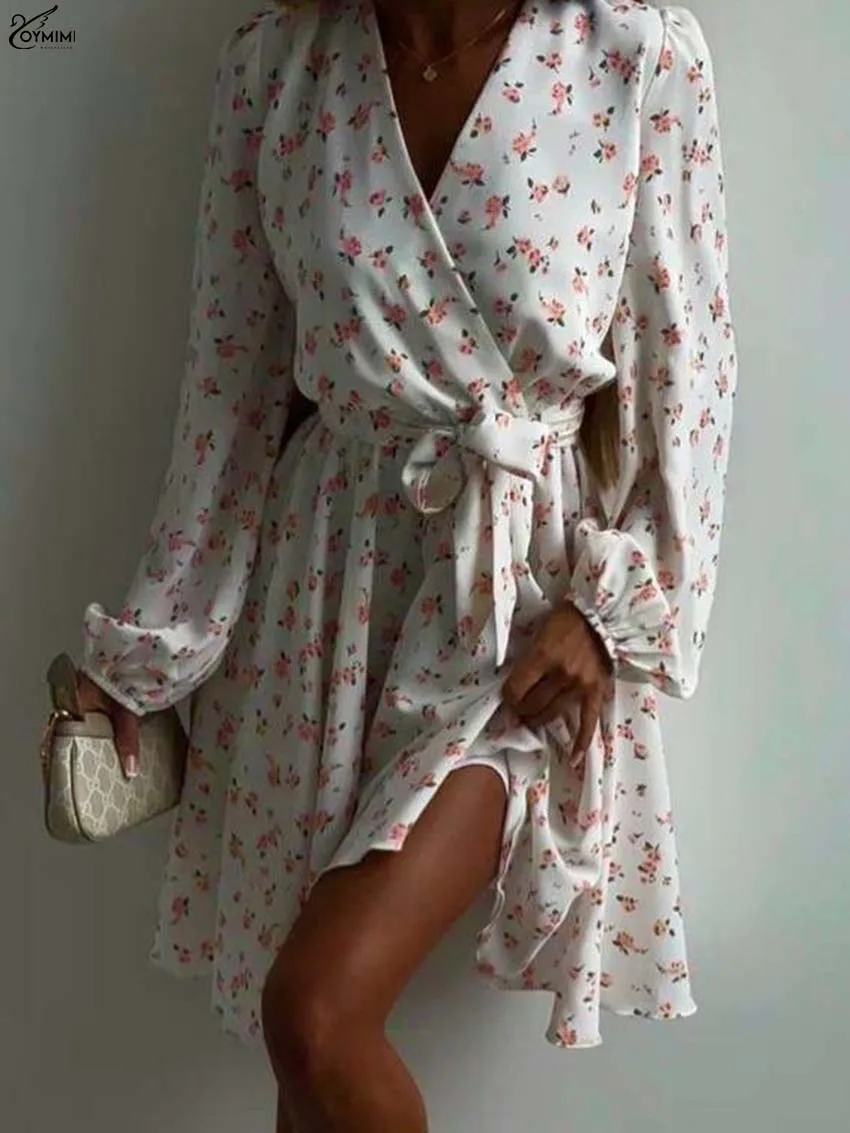 Oymimi แฟชั่นสีขาวพิมพ์ชุดสตรี Elegant V คอยาวแขนยาว LACE-Up ชุดเดรสฤดูใบไม้ร่วงสบายๆมินิชุด streetwear