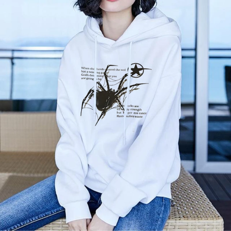 

Women's Spider Alphabet Pattern Printed Hoodies, Gothic Streetwear, Loose Top, Harajuku Sweatshirt, Creative Print, Y2K Fashion