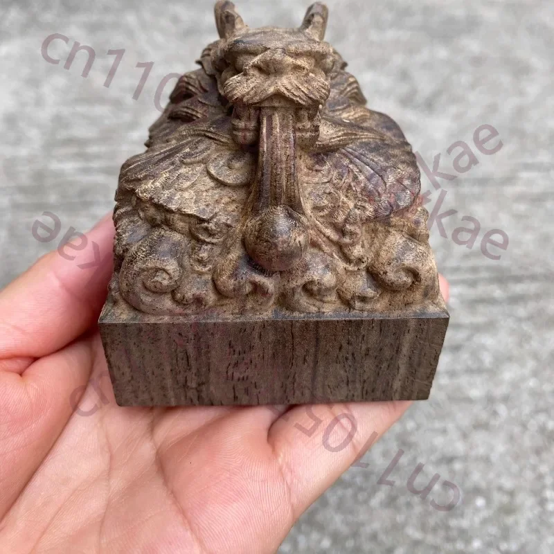 Dragon Playing Pearl Wood Carving Seal, Solid Wood Imperial Seal Home Office Desktop Craft, Auspicious Dragon Figurine
