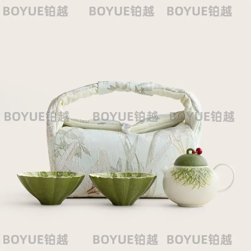 for Yiwu Yixin Small Green Orange Hand Painted Daisies One Pot Two Cups Portable Travel Cloth Bag Set for Girlfriends