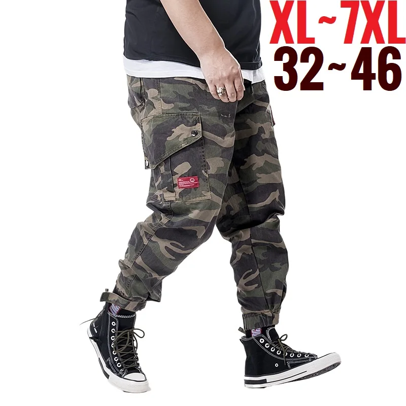 

Мужские брюки-карго большого размера с эластичной резинкой на талии, хлопковые брюки для бега, мужские камуфляжные свободные весенние карманы, очень большие мешковатые брюки в стиле хип-хоп