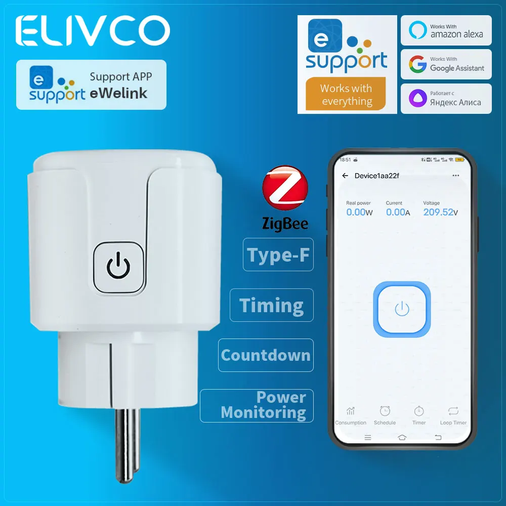 

Умная розетка eWelink Zigbee с функцией синхронизации/отсчета/мониторинга мощности, поддерживает домашний помощник/Google Assistant/Alexa
