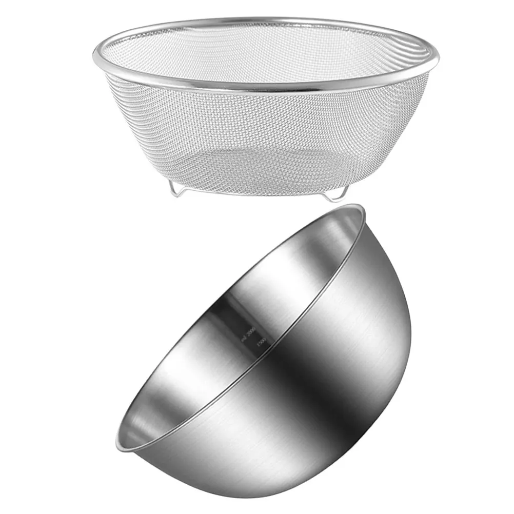 

1 set 2 Piece Set Stainless Steel Colander Fine Mesh Strainer Rice Washing Bowl Vegetable Draining Basket Kitchen Utensils