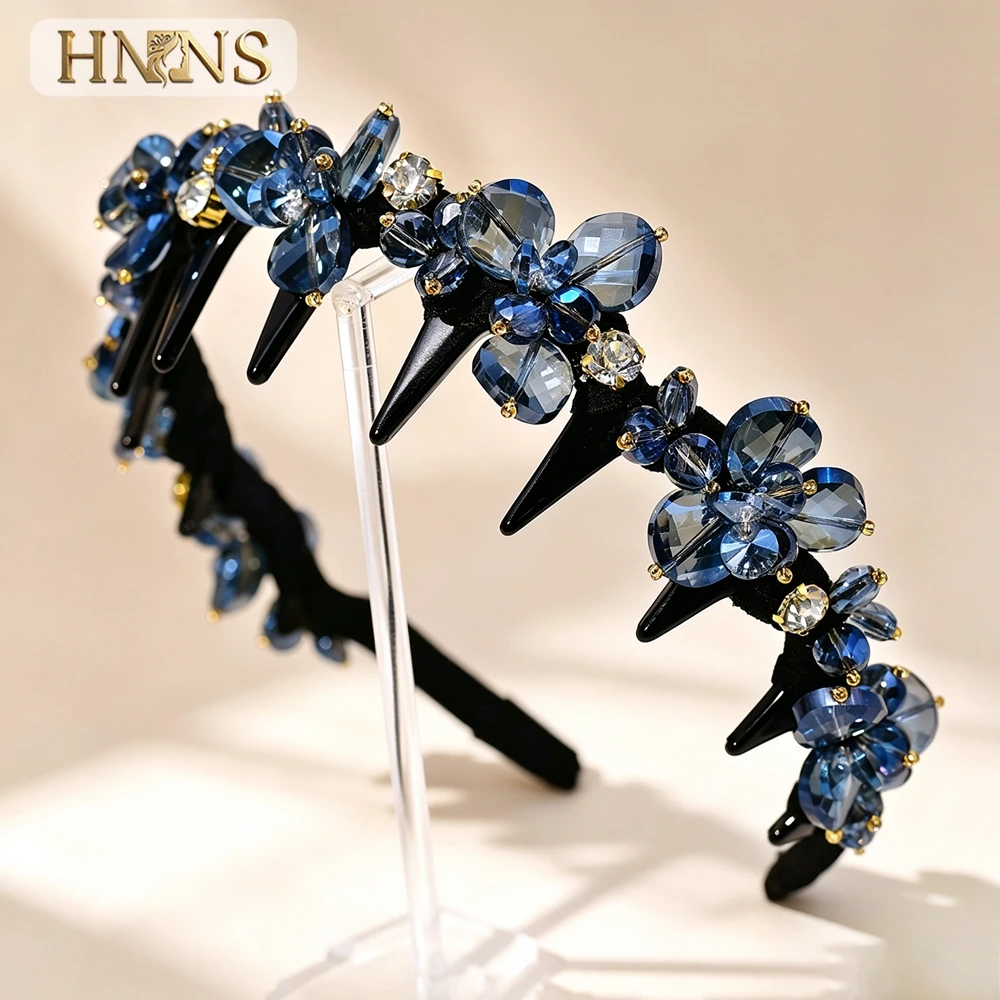 HNYYX Blue Crystal Bridal Headband Handmade Rhinestone with Bridal Headpiece for Wedding Evening Party Hairstyle Decor A446