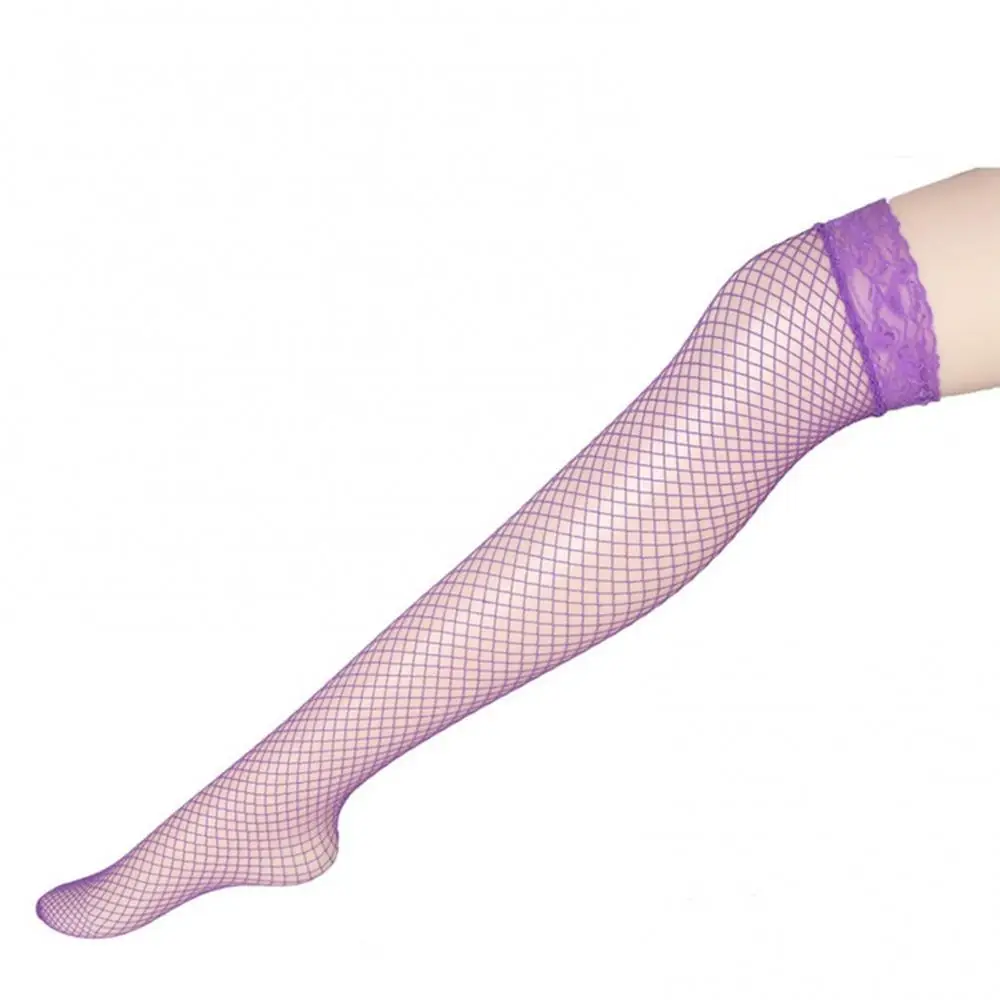 Sexy Women Fishnet Stockings Lady Thigh High Socks Mesh Solid Color Lace Top Stocking Fishnet Leggings