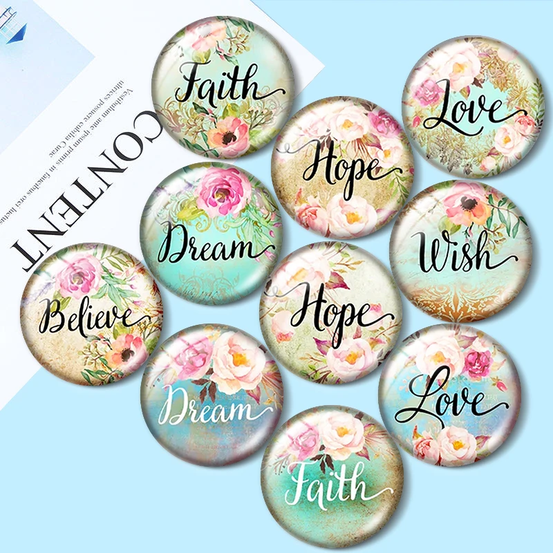 

FLOWER LOVE DREAM HOPE 10pcs 12mm/16mm/18mm Round Photo Glass Cabochon Demo Flat Back Making findings