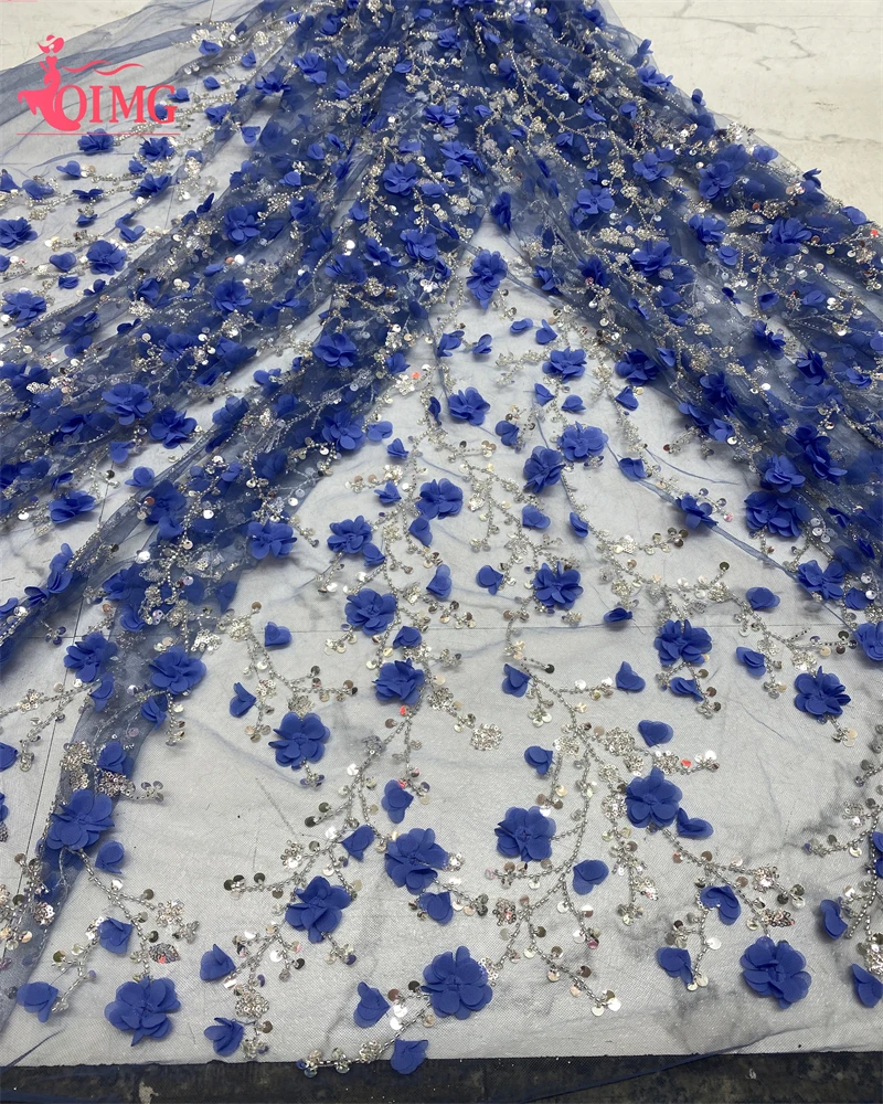 

OIMG Latest French 3D Flower Sequins lace Fabric 2024 high Quality Nigerian Beads Lace Fabric For wedding Party Dress Sewing