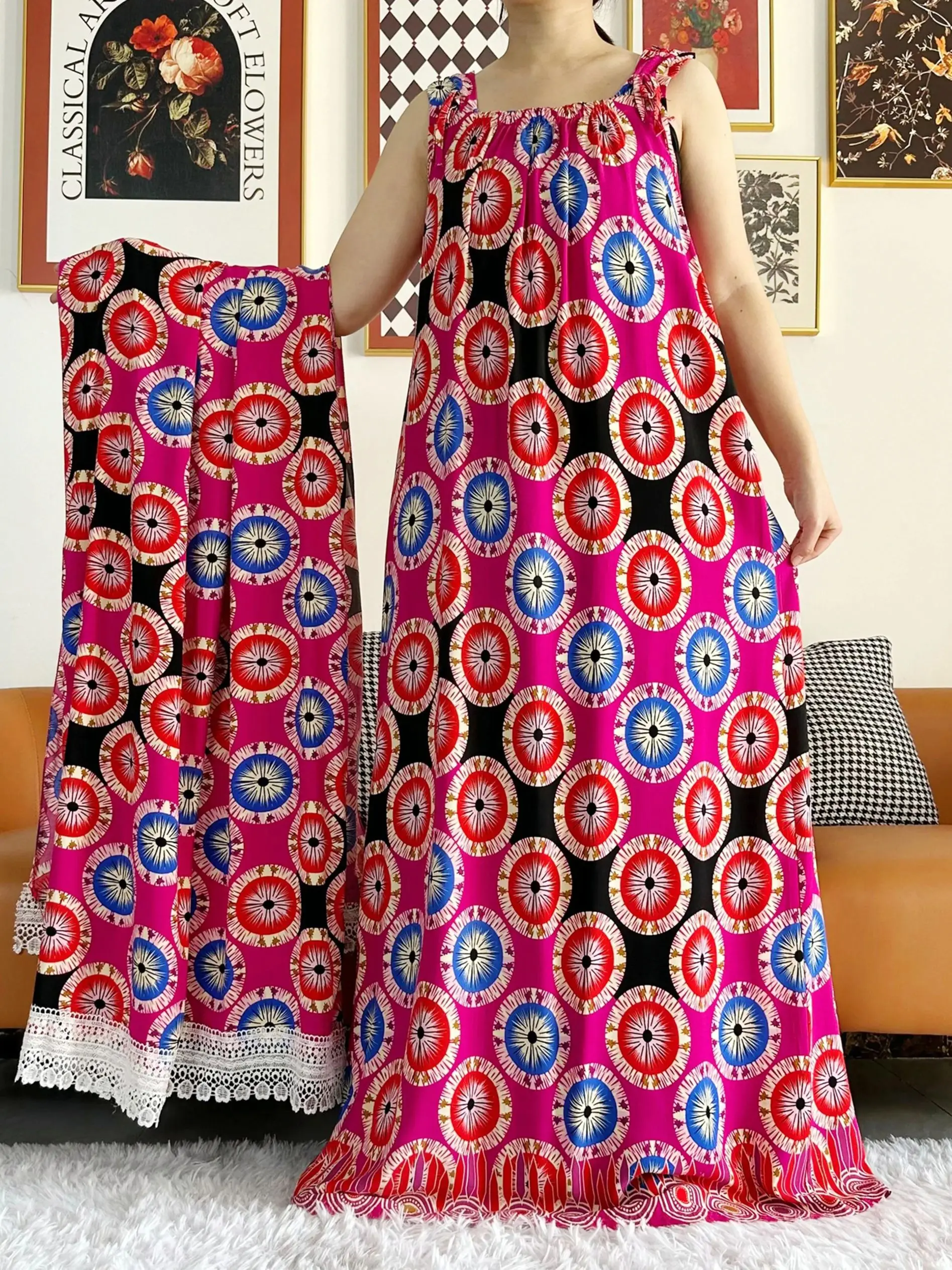 Vestido Dashiki africano para mujer, caftán Abaya de algodón sin mangas, estampado Floral, bata informal holgada con bufanda grande, novedad de