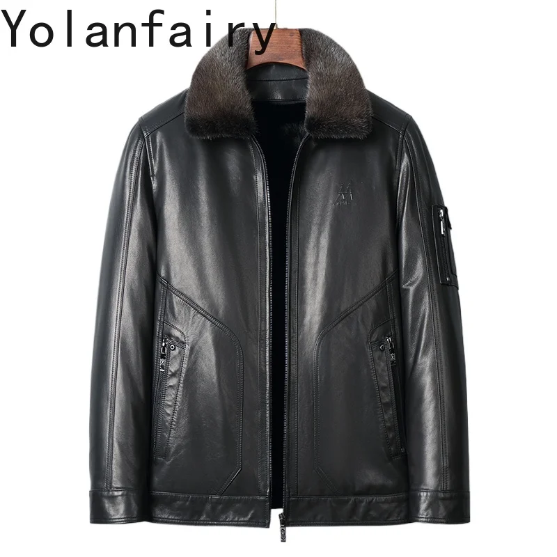 YOLANFAIRY High-end Real Goatskin Man Leather Jacket Autumn Winter Casual Business Leather Coat Short Mink Fur Liner Fur Coat