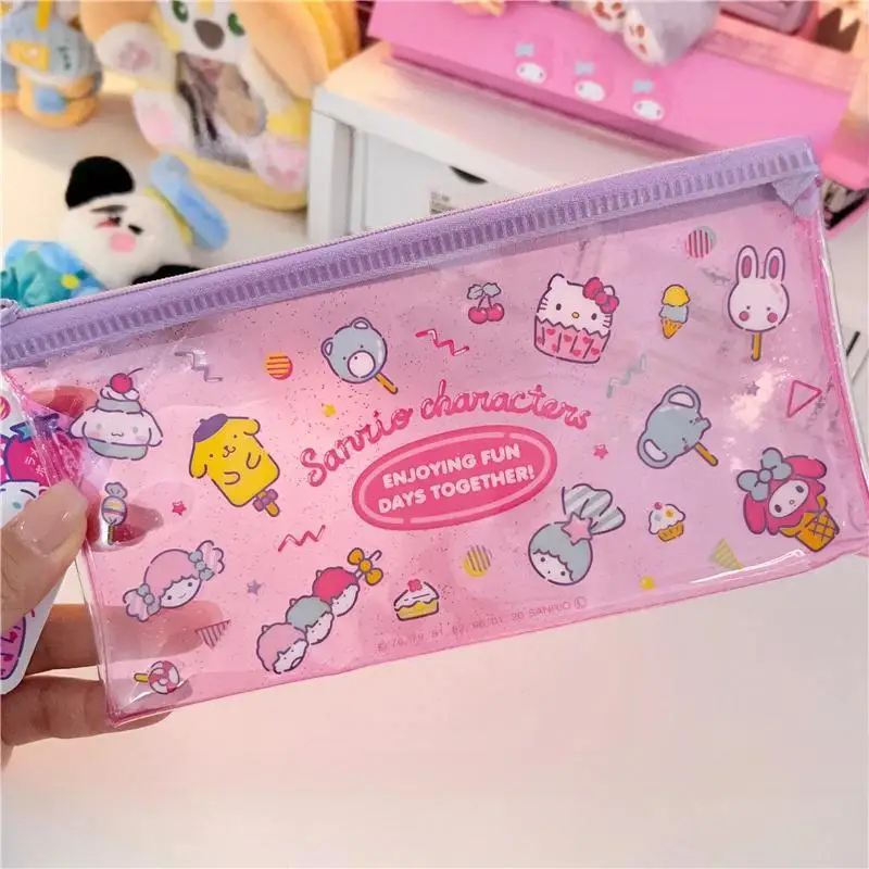 Kawaii kuromi má melodie cinnamoroll glittery pvc bh tužka pouzdro anime sanrio děvče srdce roztomilá multifunkční papírnictví úložný brašna