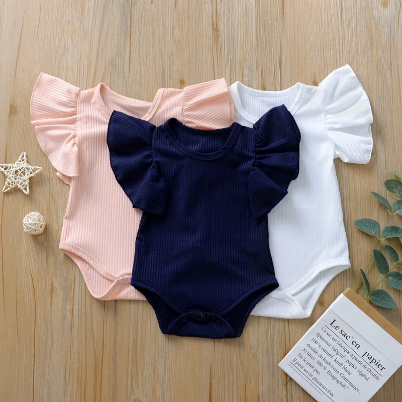 Fashion Newborn Baby Girls Ruffles Bodysuits Summer Child Solid Color Fly Sleeve Romper High Quality Short Sleeve Knitted Romper