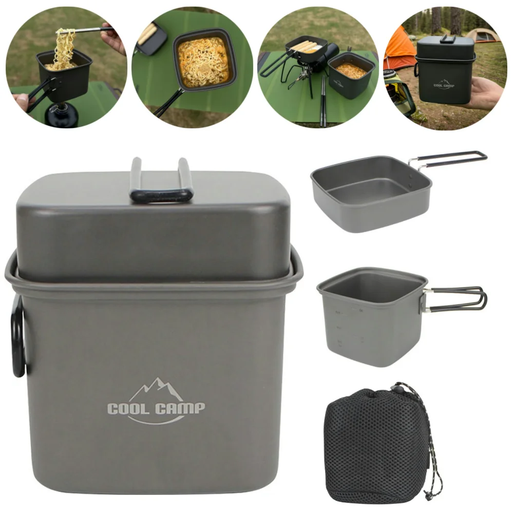 2 In 1 Outdoor Camping Square Pot Aluminum Alloy Folding Frying Pan Cooking Pot Lightweight Pot Set for Outdoor Backpacking