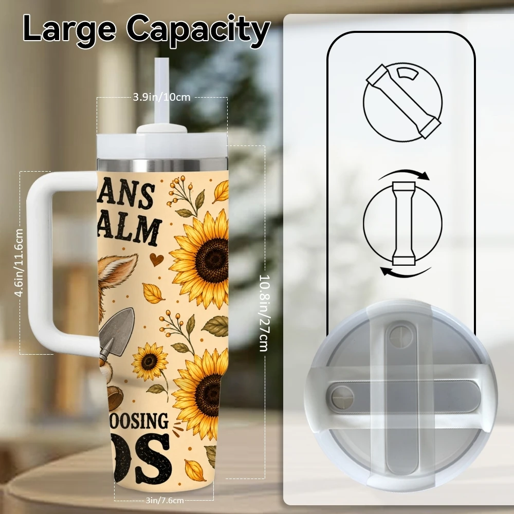 Rural-style Sunflower Calf Vacuum Flasks 40oz Stainless Steel Insulated Tumbler with Handle & Straw Leakproof Travel Mug