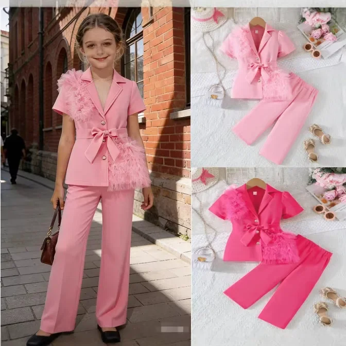 Toddler Girls Pink Short Sleeve Suit Tulle Feather Blazer Flare Long Pants Set Bow Waist Formal Outfit Pageant Birthday ZYD47