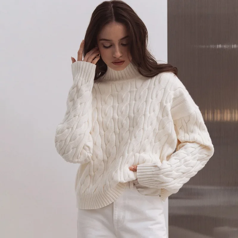

Осенний женский свитер Talenza, белый модный свободный вязаный пуловер в рубчик с высоким воротом, новый повседневный базовый женский свитер 2025 года