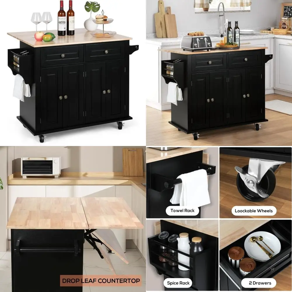 Rolling Kitchen Island with Drop Leaf and Storage Drawers, Portable Butcher Block Counter