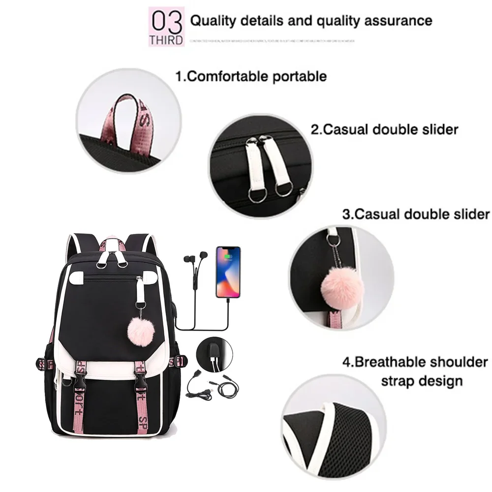 New Anime Tokitou Muichirou Pattern Backpack Street Cool Anime Backpack Large Capacity Zipper USB Backpack Travel Bag