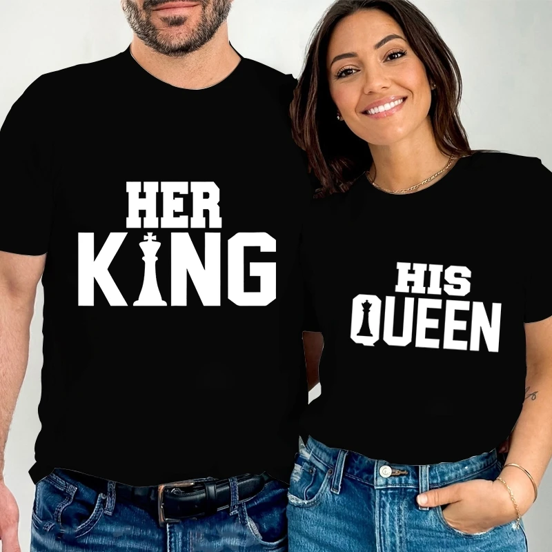 T-Shirts Couple Funny International Chess Matching Clothing Her King His Queen Print Husband Wife Shirt Men Women Lovers Tshirt