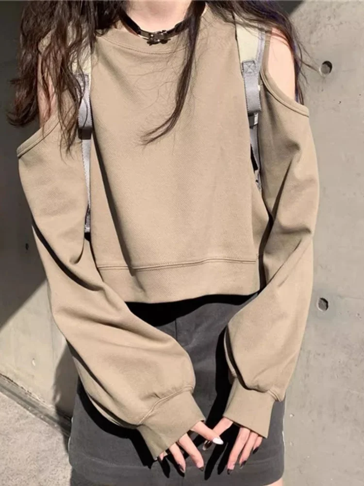 Deeptown Off Shoulder Round Neck Loose Solid Color Hollow Sweatshirts All-match Top Women Korean Style Pullover Autumn 2024