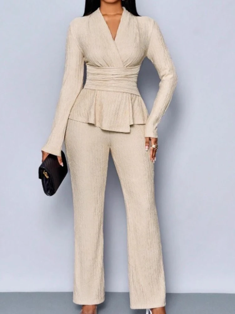 

New in Spring Summer Women's Fashionable Generous Elegant V-Neck Long-Sleeve T-Shirt and Wide-Leg Pants Casual Daily Commute