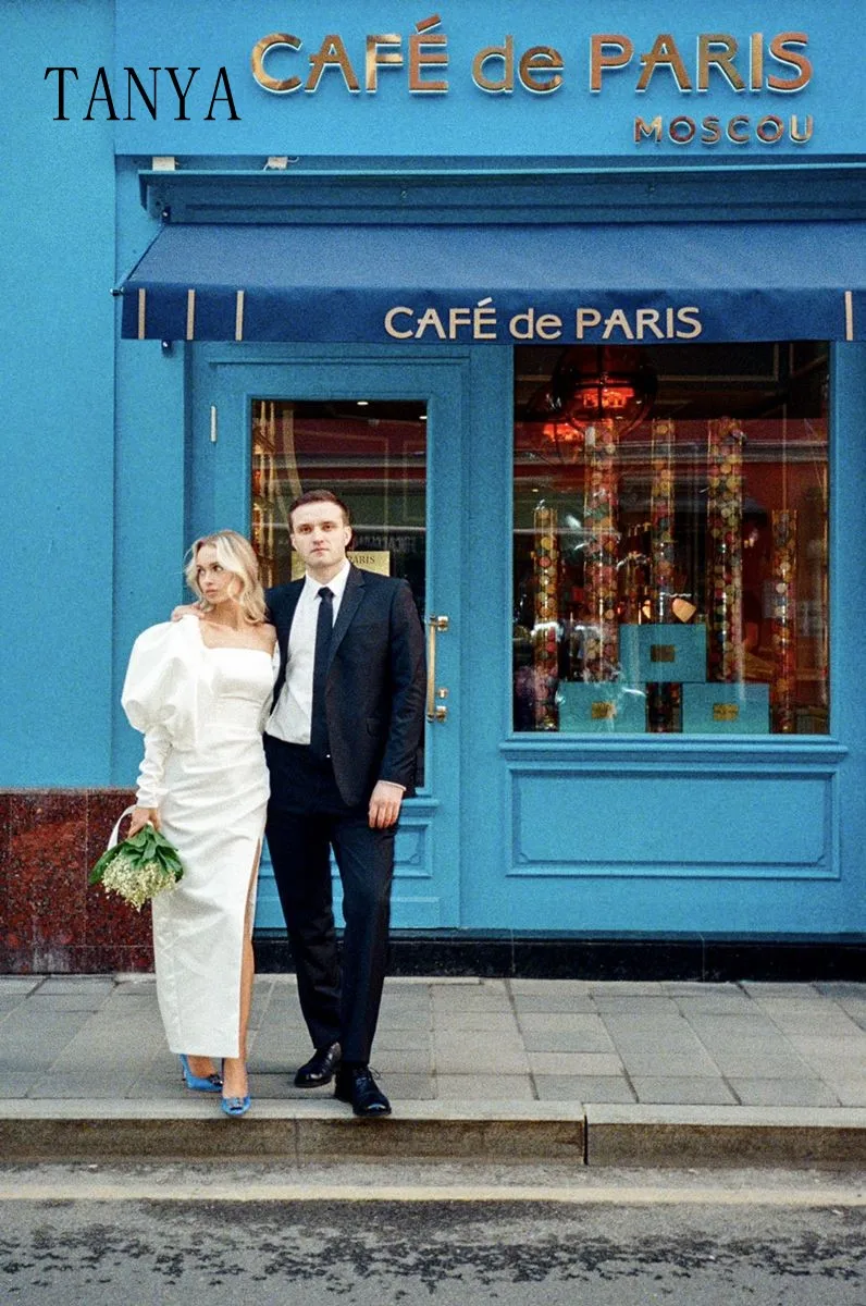 Robe de mariée en taffetas à manches bouffantes et col carré pour femmes, robe simple fendue sur le côté haut, gaine sexy pour patients TSWD086