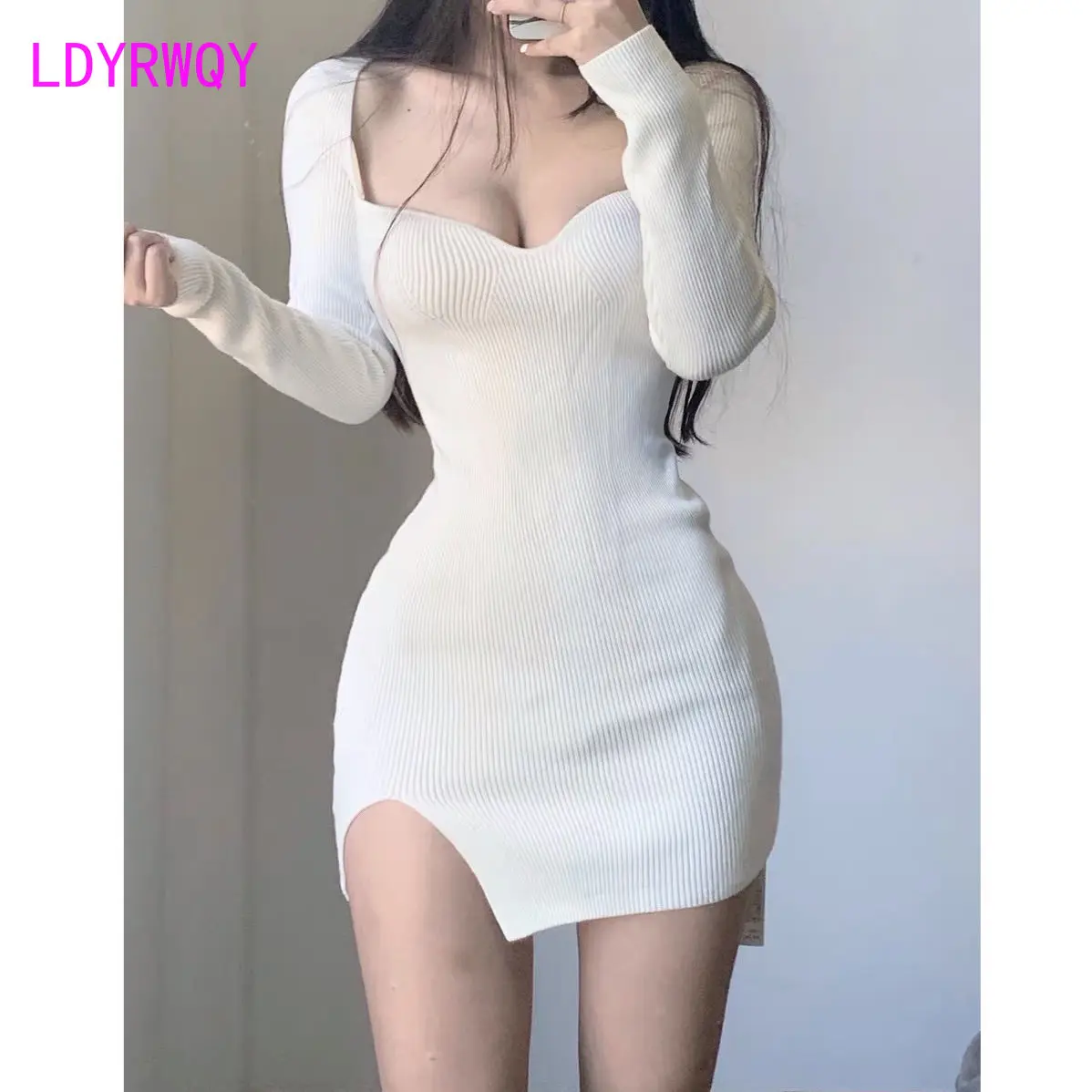 

2022 Feminine breast sexy coat knit dress Fanny pack hip split inside Sheath Office Lady