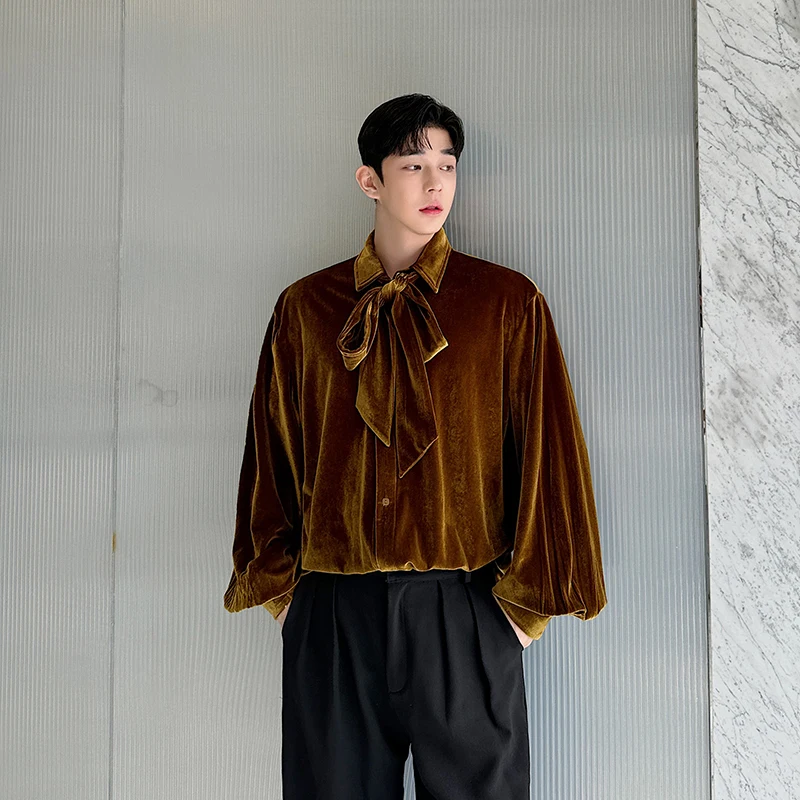 

Velvet Long Sve Men's irt Faionable Autumn Loose Fit Classic Collar Decorative Tie Stage Wear Polyester Fiber Youth Trend