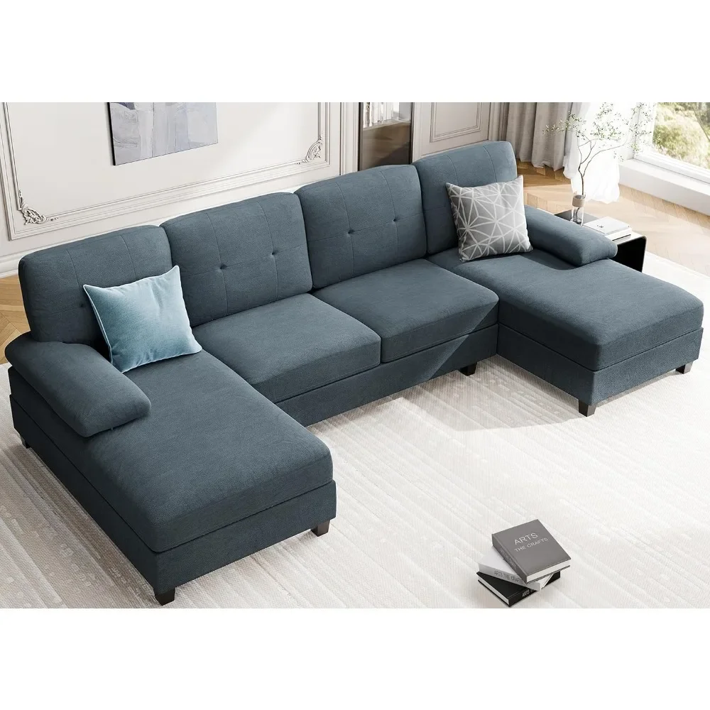 XMSJ Sectional Couches for Living Room, 4 Seat Sofa Set U-Shaped Couch with Double Chaise, 106 in Fabric Large Couch, Hotel Sofa