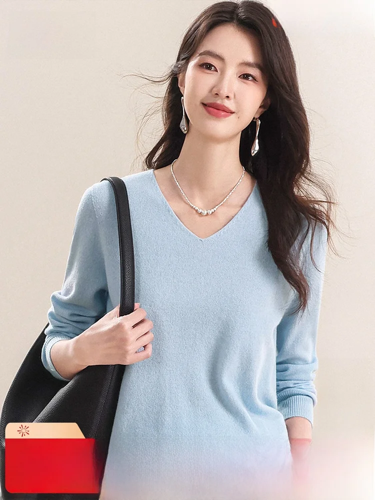 

Женский свитер Snow Flng 30% Cashmere с V-образным вырезом, мягкий, комфортный, однотонный, шерстяной базовый слой, легкий, роскошный