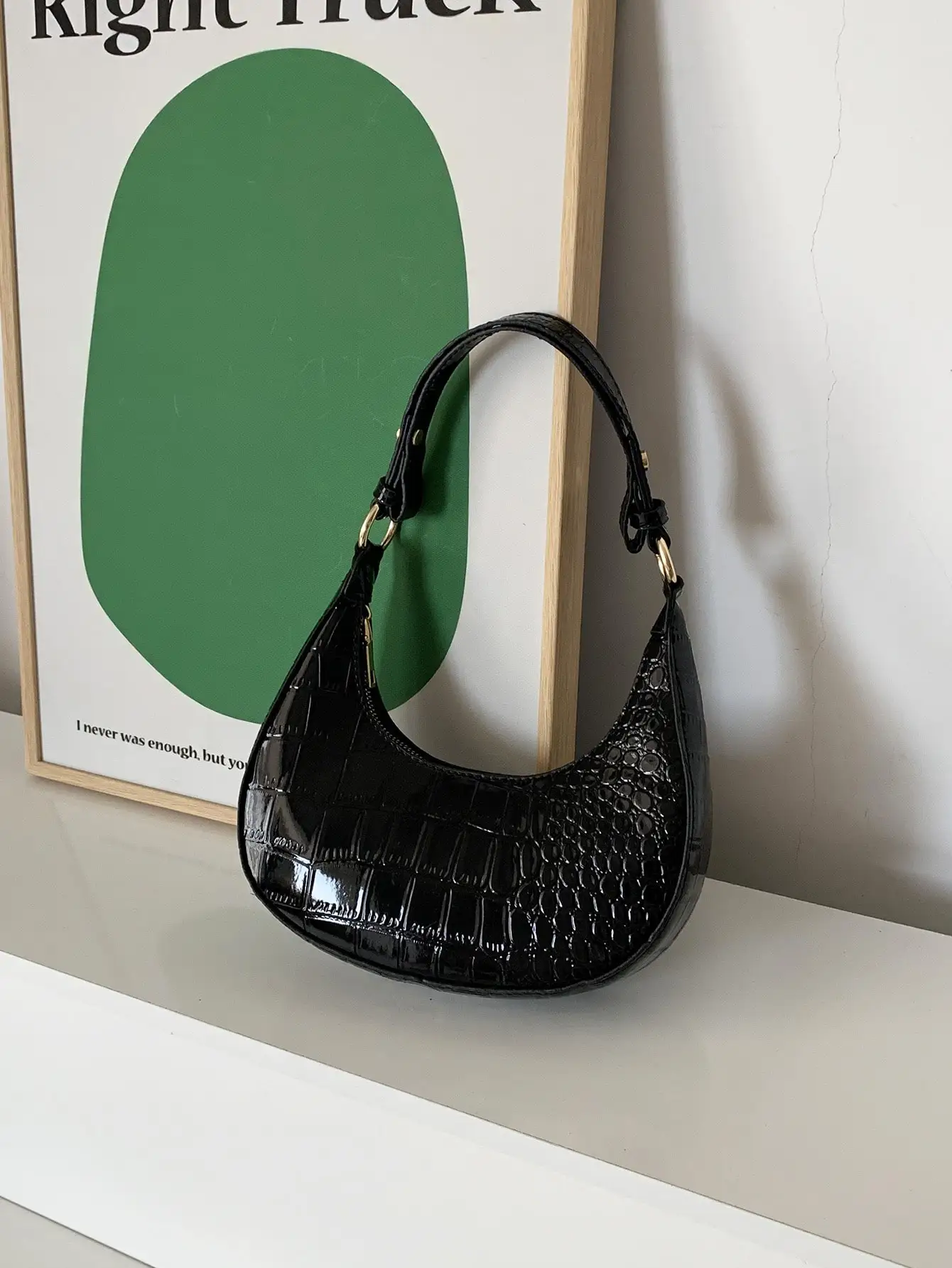 

Black Croc-Embossed Crescent Shoulder Bag for Women, Lightweight & Water-Resistant
