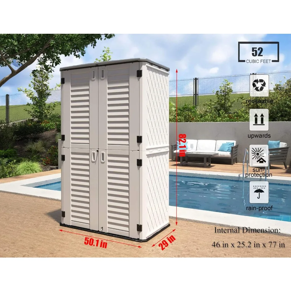 Outdoor Storage Cabinet Waterproof,Outdoor Storage Sheds with Floor, Double-Layer Storage Shed for Patios/Long-Handled Tools