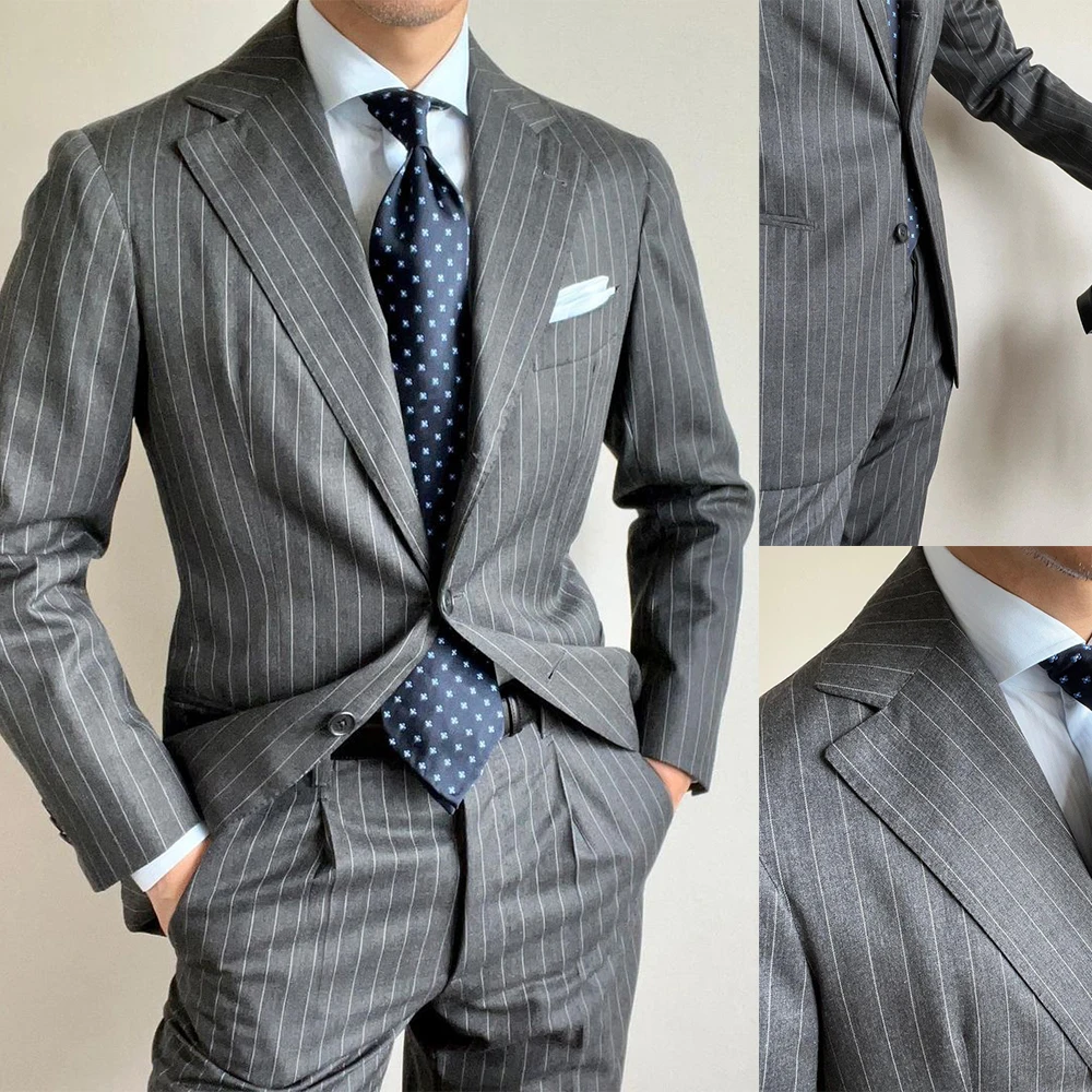 

Dark Gray Pinstripe Men Suit Tailor-Made 2 Pieces Tailored Single Breasted Blazer Pants Work Formal Groom Business Tailored