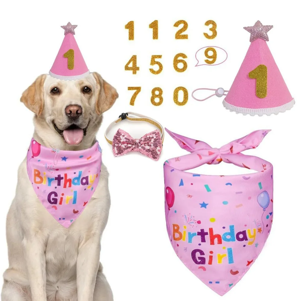

Cute Dog Birthday Hat Set Sequins Colorful Cat Triangle Scarf with Numbers Bowtie Adjustable Dog Birthday Bib Pet Accessories