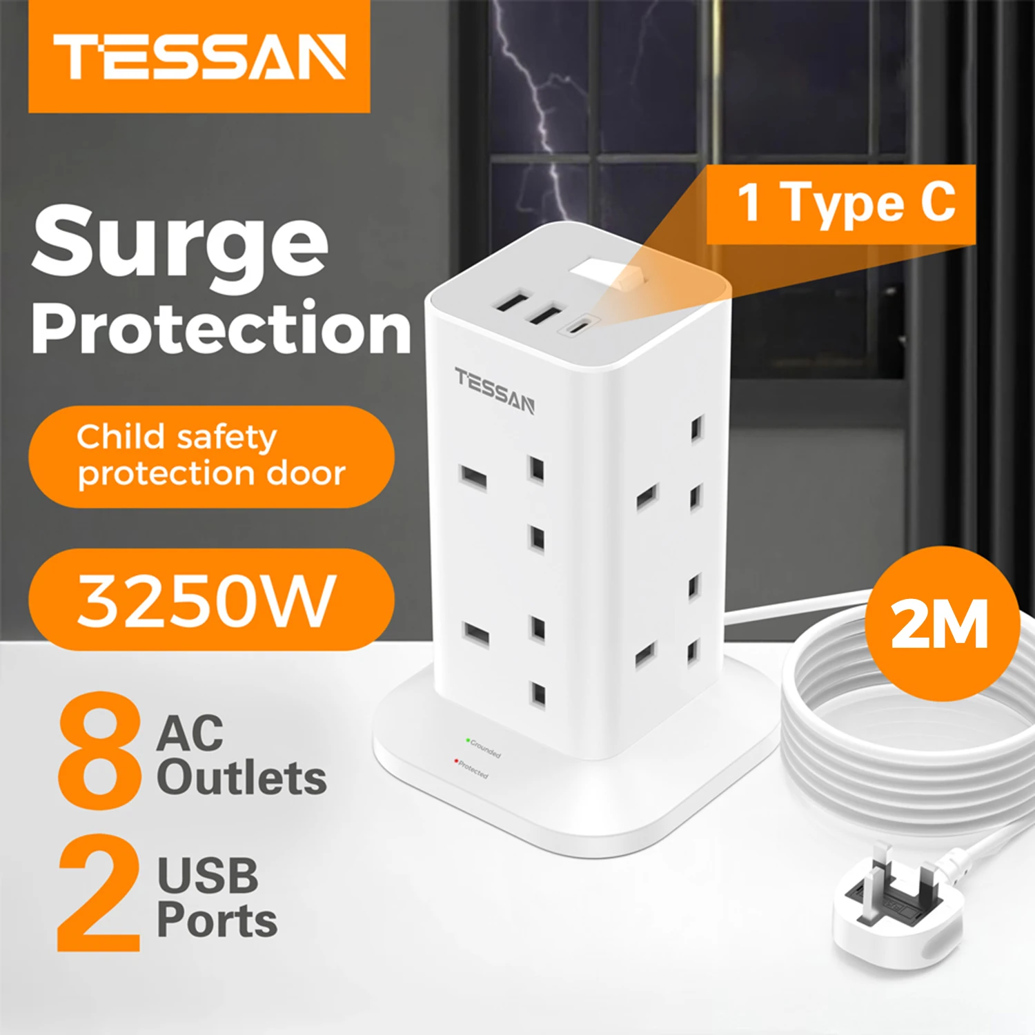 Multi Tower Power Strip with 8 Outlet 3 USB Ports with Switch UK Plug Socket 2m/5m Extension Cord Surge Protection
