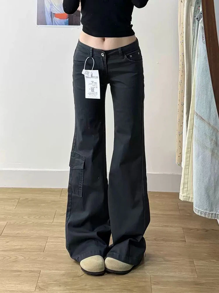 

Y2K Gray Low Waisted Slightly Flared Jeans Women American Retro Workwear Spring Summer Slim Floor Length Flared Pants