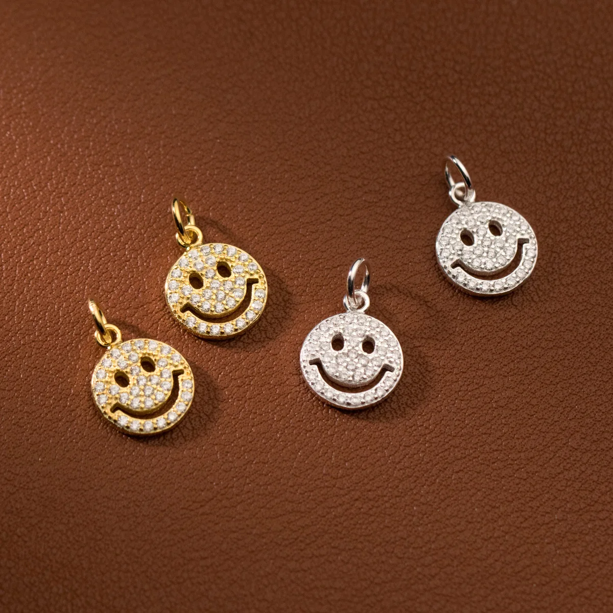 1pc/Lot 925 Sterling Silver Shiny Zircon Paved Round Smile Dangle Charms 12.5mm Silver/Gold Color Jewelry Pendants DIY Necklace