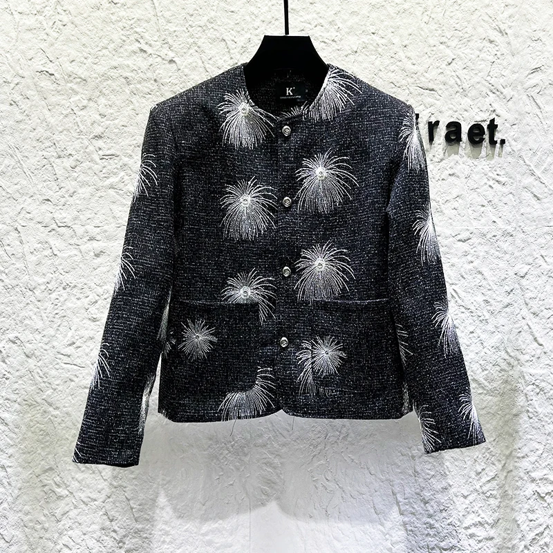 Autumn Winter Embroidered Design Jacket Men Personalized Fashion Loose Short Jacket Round Neck Casual Social Coats