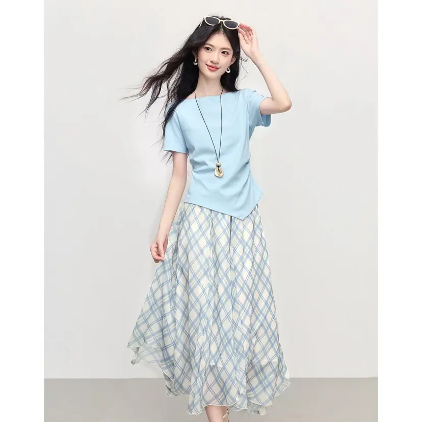

New French Summer Casual 2 Piece Set Women O-neck Short Sleeve T-shirt Top + A-line Rhombus Skirt Holidays Beach Outfit