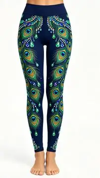 Women's Mid Waist Fleece Lined Leggings Gradient Purple Feather Print Slim Fit Stretch Long Pants - view 5