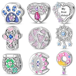 S925 Sterling Silver Flat Beads-Pink Heartbeat Charms Fit 3mm Pan Bracelet DIY Beads For Women Birthday Fine Jewelry Gift Hot