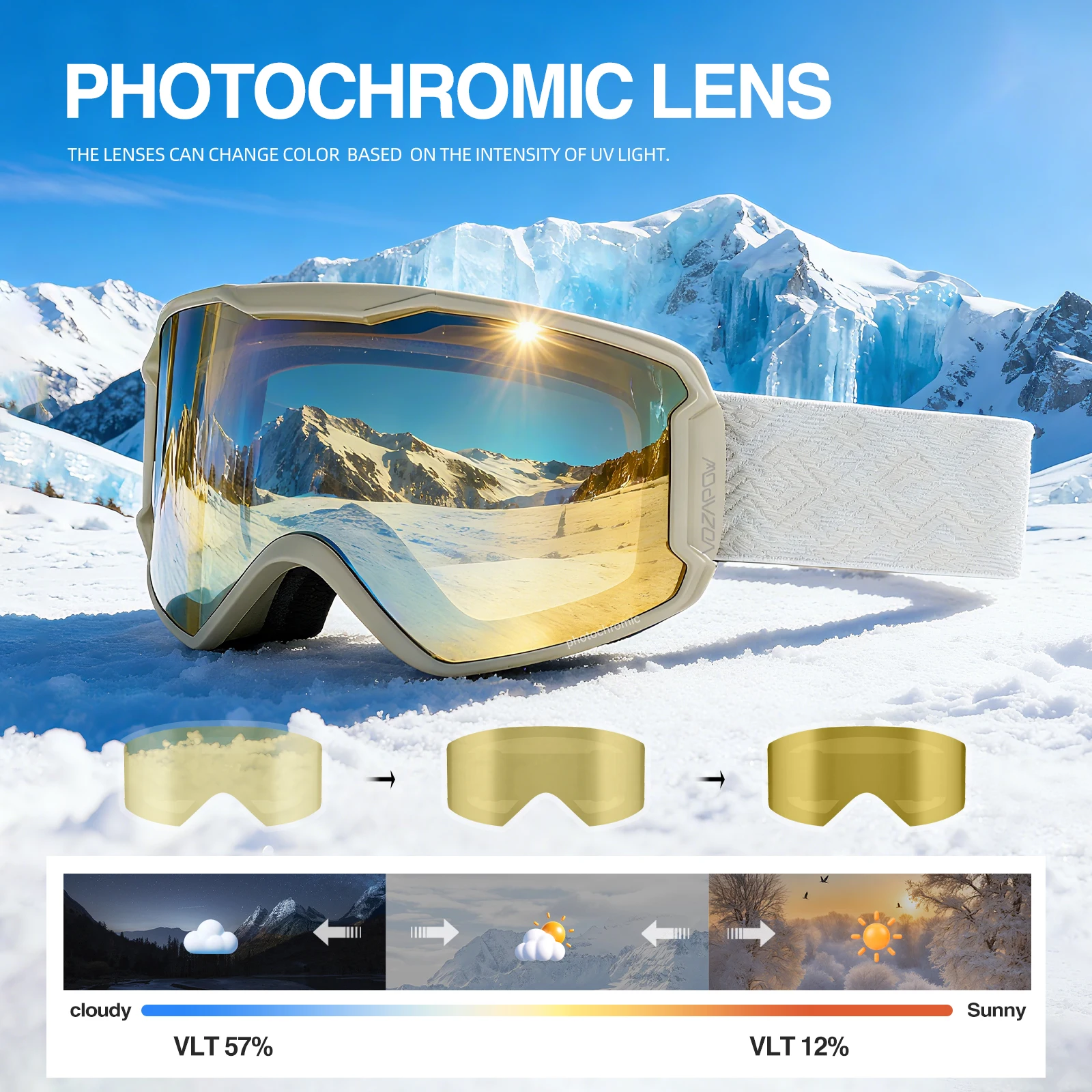 

Vozapow Photochromic Ski Goggles Double Layer Anti Fog HD Skiing Glasses Men Women Super View UV400 Professional Snow Sunglasses