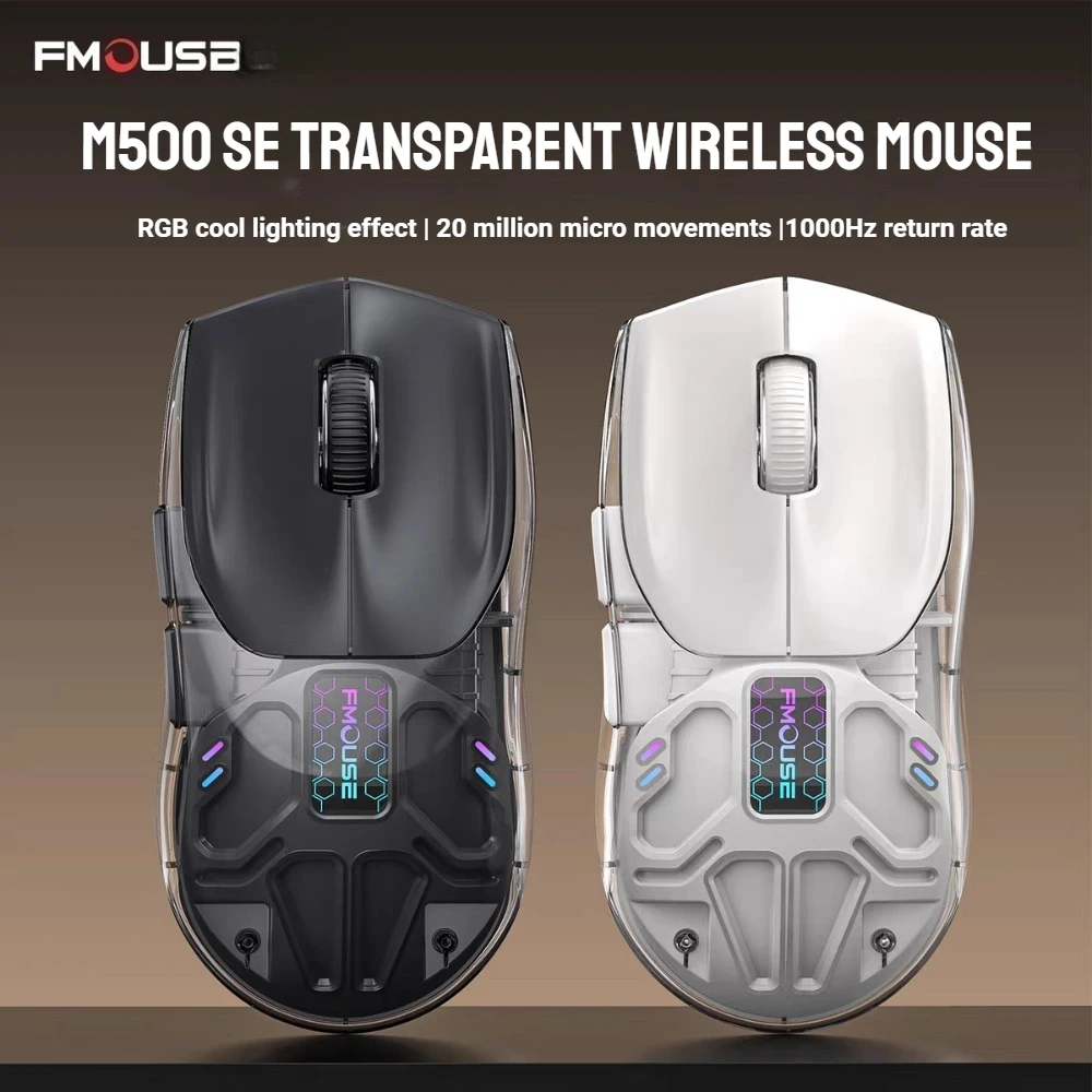 

Игровая мышь Fmouse M500 SE, беспроводная Bluetooth, 1000 Гц, 4800 точек на дюйм, RGB-подсветка, изготовленная на заказ, 71 г, прозрачная и легкая офисная игровая мышь