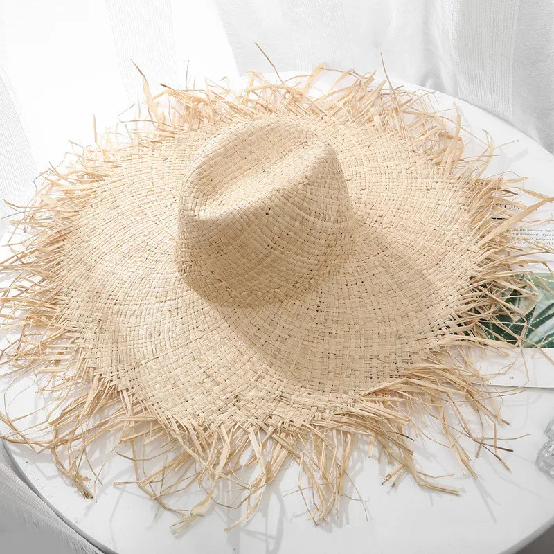 New Natural Raffia Hat Women Summer Hand Woven Straw Hat Gilrs Holiday Sun Hat Wide Brim Sun Hat Floppy Panama Travel Beach Hat