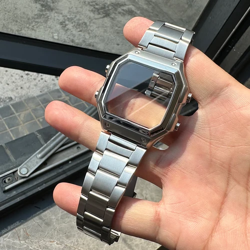 Correa de pulsera de acero inoxidable AE1200 de 18mm, caja de acero de calidad, bisel, caja de Metal plateada, negra y dorada, kit de AE-1200 de vidrio HD 1300 Mod